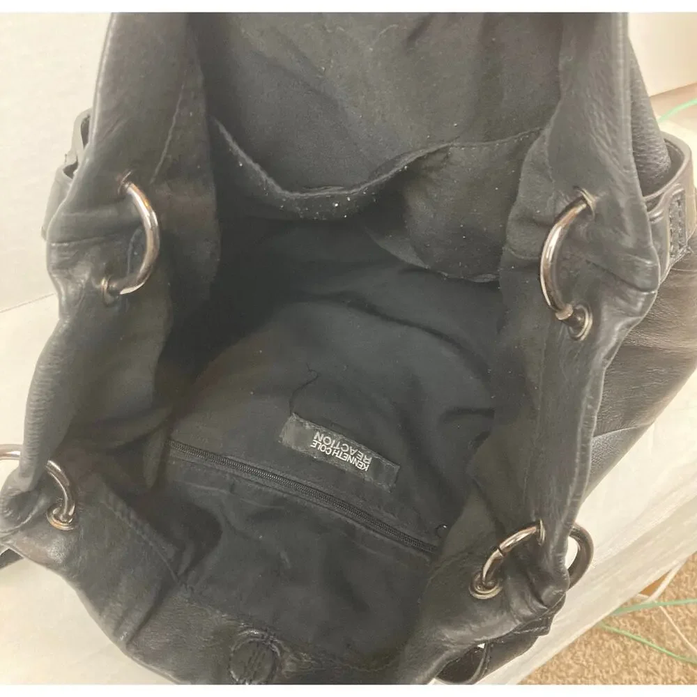 Kenneth Cole Reaction Slouchy Leather Shoulder Bag Zip Black Hobo Y2K Chic Urban